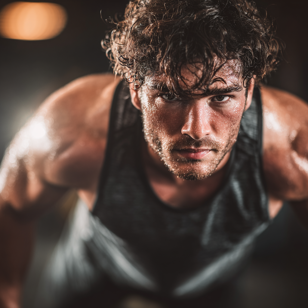Athletic man doing intense workout with determination in modern gym setting
